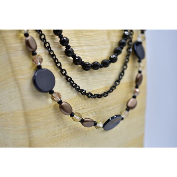 CG Statement Necklace Black Beaded Bronze Faux Crystal Triple Strand Shiny Bin5 - Picture 4 of 12